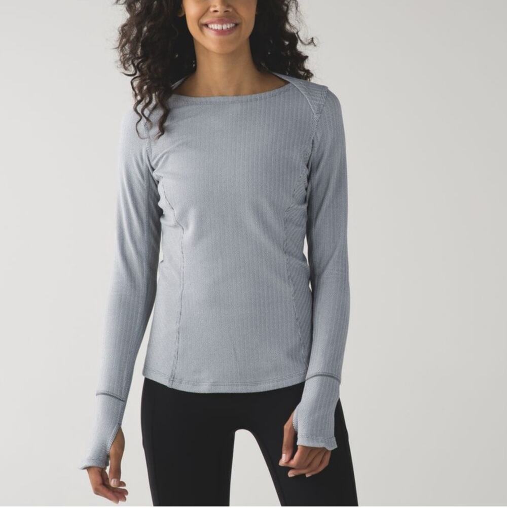 Lululemon Top Womens 10 Gray Kanto Catch Me Long Sleeve Herringbone Athletic Run